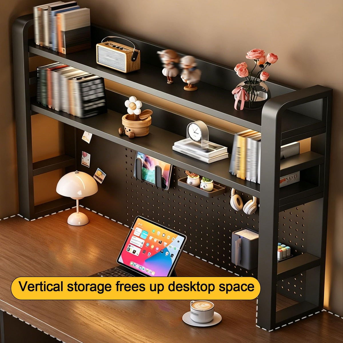 2/3/4 Tier Desktop Bookshelf with Pegboard and Storage Parts, Metal Desktop Organizer Hutch, Desk Shelves for Top of Desk, Shelf Organizer Display Rack for Dorm Home(White+Wood,4-tier L45.2in)