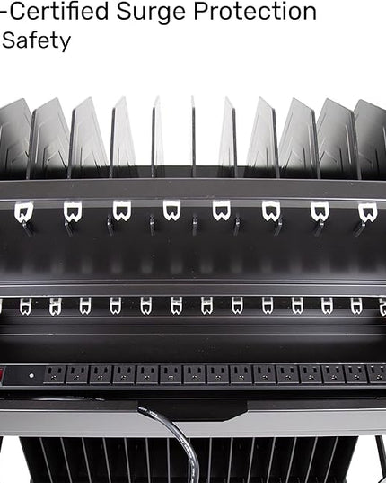 Line Leader 32-Device Mobile Charging Station | Steel Rolling Cart for Laptops, Tablets, & Chromebooks | Open Design with Dividers & UL-Certified Surge Protection | Portable Charging Stand (Black)
