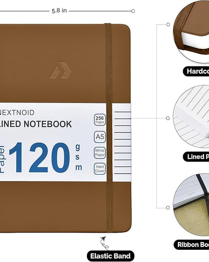 Nextnoid Hardcover Lined Journal Notebook - 120 GSM Thick Paper, Medium A5-256 Pages - Perfect For Writing, Journaling and Note-Taking (Brown, Ruled)