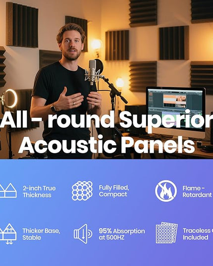 Focusound 16 Pack DIY Creative Art Decor Acoustic Foam Panels 2" x 12" x 12" Sound Proof Foam Panels Soundproofing Noise Cancelling Wedge Panels with 90PCS Reusable Double-Side Adhesive Dots