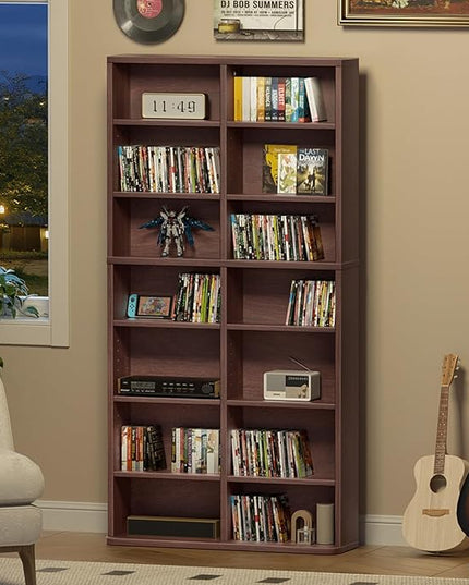 LELELINKY 7 Tier Tall Display Cabinet, Walnut Media Storage Cabinet with Adjustable Shelves, Free Standing DVD Organizer Shelf, Floor Multimedia Storage Manga Bookshelf for Living Room & Home Office.