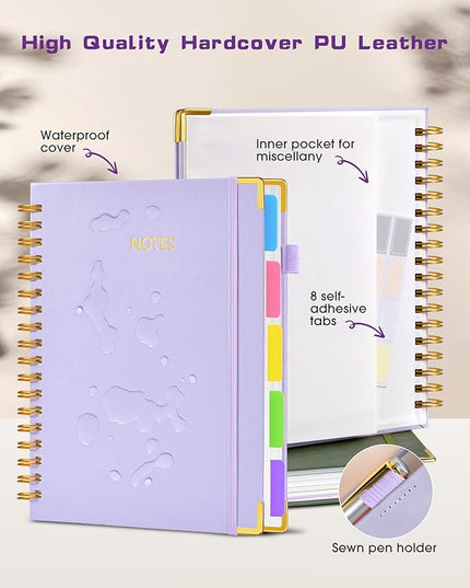 Hardcover Spiral Notebook journal with Removable Dividers Tabs, 300 Pages Leather 5 Subject Notebook College Ruled, 8"x10" Large B5 Notebooks for Work School Note taking,Lined Journal for Women,Purple