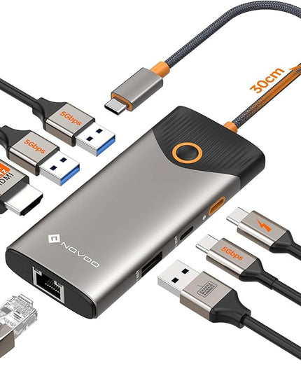 NOVOO USB C Hub Ethernet 4K@60 USB C HDMI Adapter Multiport Type C Adapter, 100W PD, 5Gbps USB-A/C Data Ports Docking Station Compatible for MacBook/iPhone/Dell/HP/Surface