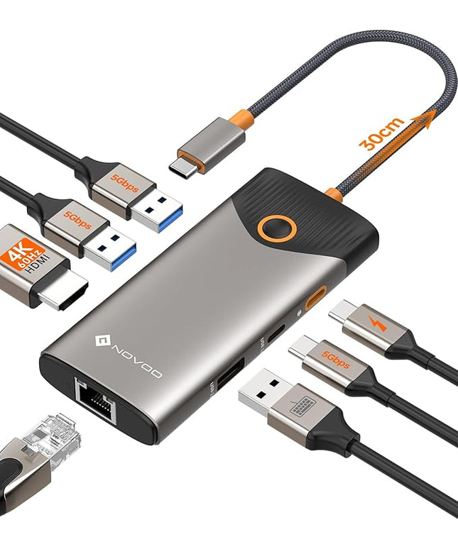 NOVOO USB C Hub Ethernet 4K@60 USB C HDMI Adapter Multiport Type C Adapter, 100W PD, 5Gbps USB-A/C Data Ports Docking Station Compatible for MacBook/iPhone/Dell/HP/Surface