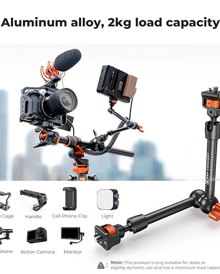 K&F CONCEPT 11" Magic Arm 1/4" Screw 360° Ball Heads Articulating Friction Camera Arm Mount for Monitor, LED Light, Webcam, Microphone, Camera Cage