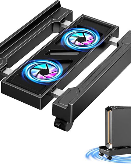 Adjustable Computer Tower Stand with Cooling Fan, Mobile CPU Holder with 4 Rolling Casters, Under Desk CPU Bracket PC Floor Cart PC Riser for Office, Home and Classroom. (Fan Version)