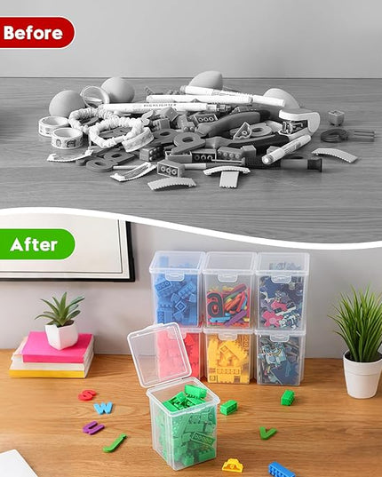 10 Pack Small Clear Storage Bins with Lids - Stackable Plastic Organizer Boxes for Crafts, Art Supplies, Jewelry, Beads, Office Tools - 3.5x3.5x4.5 Inch, Square Medium