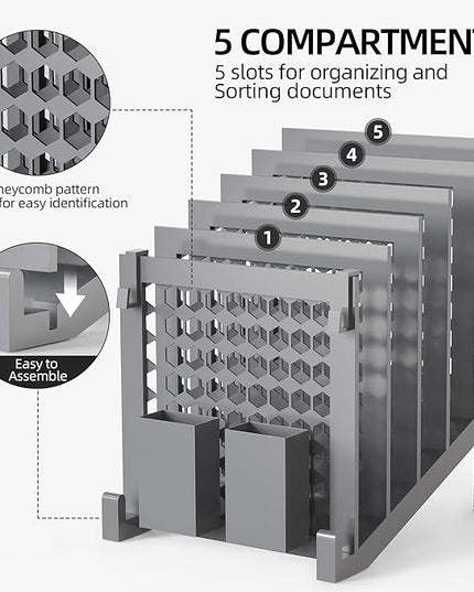 File Organizer for Desk with Storage Box & Hook, Inclined File Organizer with 5-Section Vertical File Holder suitable for Home Office Document Organization (Desk Gray)