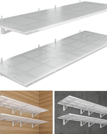 4-Pack 2x3ft Heavy Duty Garag e Wall Shelving, 1000 lbs Load Capacity, Garage Shelving Wall Mounted, Garage Storage Rack with Hooks, White