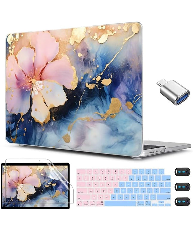CISSOOK Compatible with MacBook Air 13.6 inch Case M2 M3 M4 Release 2025 2024 2023 2022, Plastic Hard Shell Case Keyboard Cover Screen Film for MacBook Air 13 inch A3240 A3113 A2681, Marble Flower