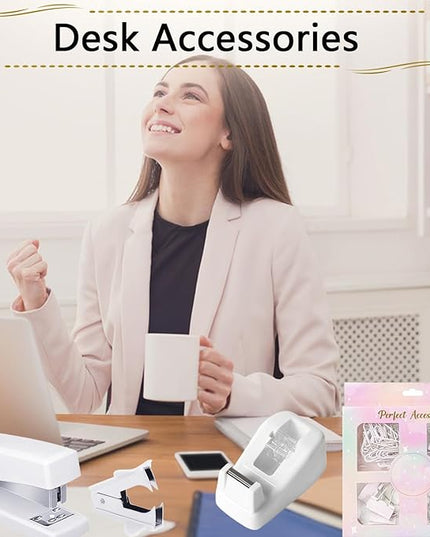 Office Supplies Set,Desk Accessories,Stapler and Tape Dispenser Set,1000 Staples,Staple Remover,Hinder Clips,Ruler,Scissor,Clear Tape,Ballpoint Pen,Sticky Notes,Gifts for Colleagues(White)