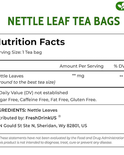 FreshDrinkUS, Premium 135 Nettle Leaf Tea Bags, 100% Natural & Pure, Stinging Nettle Leaf Tea, Burn Nettle, Stinging Nettle, Stinger Tea, No Sugar/Caffeine/Gluten, Vegan