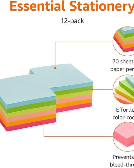 Amazon Basics Sticky Notes, 3x3 Inches, Assorted Colors Self-Stick Pads, Easy to Post for Home, Office, Notebook, 70 sheets/Pad, Pack of 12