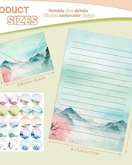TaoBary 160 Pcs Stationery Paper Set 50 Double Sided Stationery Papers with 50 Matching Envelopes and 60 Round Dot Sticker, 10 Design(Ink Painting,5.5 x 8.25 Inch)