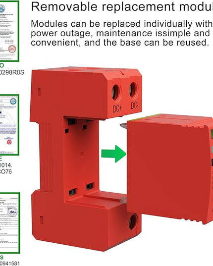 2P 40KA Voltage Surge Protector DC 1000V Solar PV Lightning Arrester Device for Rv, Home Lightning Protection System 35mm DIN Rail Mount (2pcs)