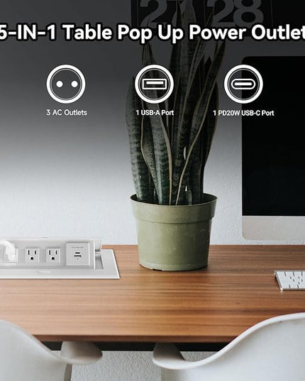 Power Hub for Conference Table PD20W USB-C Fast Charging Pop Up Power Strip with 3AC Outlets Connection Box for Conference Room Kitchen Countertop, White