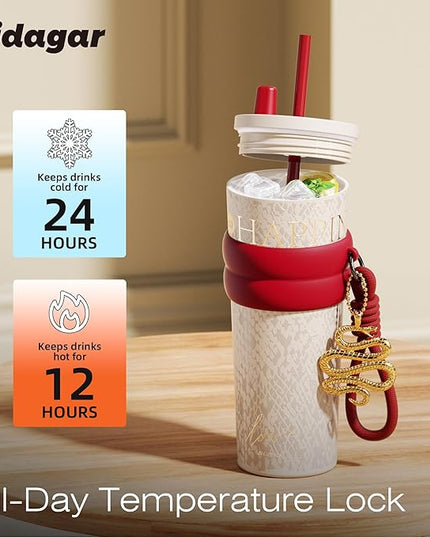 24 oz Tumbler with Lid and Straw, Insulated Coffee Mug Leak Proof, Portable Iced Travel Water Bottle, Reusable Thermal Coffee Cup, Gifts for Women, Pearl White