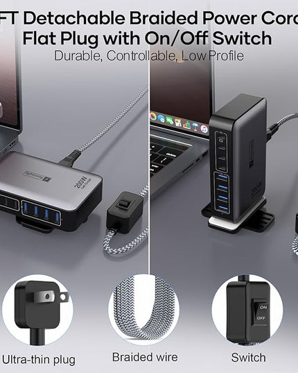 USB C Fast Charger Block 200W, 8 Ports Charging Station for iPhone/Ipad/MacBook, 4C4A GaN Charger Box, Flat Plug Multi Chargers for All Devices 5ft Braided Power Cord with On/Off Switch