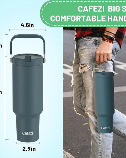50 oz Insulated Tumbler with Straw, Stainless Steel Water Bottles with Flip Straw and Top Handle, Leak Proof Flip, No Sweat, Fits in Cup Holder, Vacuum Insulated Cup for Home, Outdoors, Car