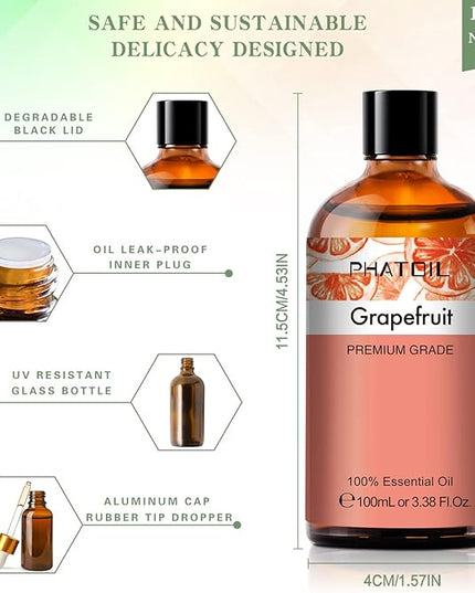 PHATOIL 3.38FL.OZ Grapefruit Essential Oil with Glass Dropper, for Aromatherapy Diffusers, Humidifiers, Great for DIY Candle and Soap Making, Huge 100ML Bottle