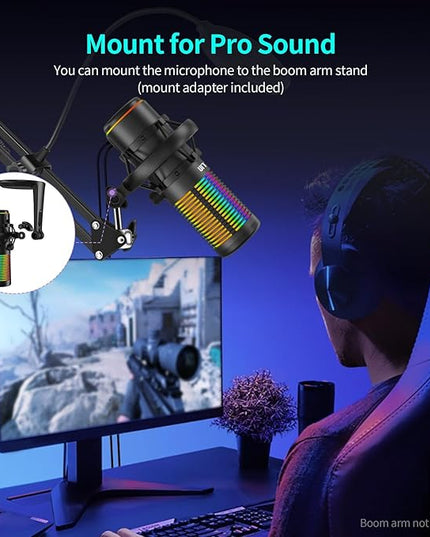TOALLIN CM20P - USB Condenser Microphone with RGB Lights for Gaming/Streaming/Podcasting/Recording, 192kHz/24Bit, Noise Canceling & Volume Adjustable, Compatibles with Laptop/PC/Tablet/Phone, Black