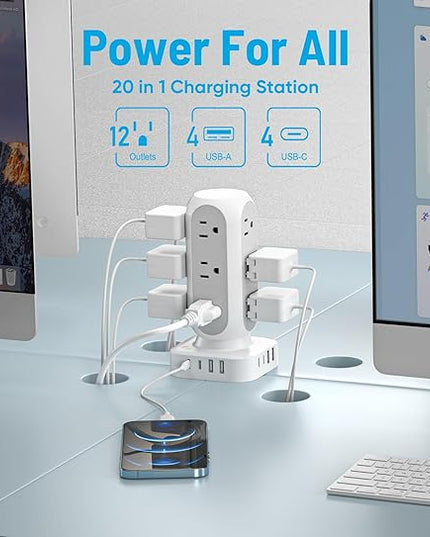 Tower Surge Protector Power Strip, 10FT Extension Cord with Multiple Outlets, Flat Plug Outlet Extender with 12 AC Outlets & 8 USB Ports, 24W Total Charging Station for Home Office Dorm Room