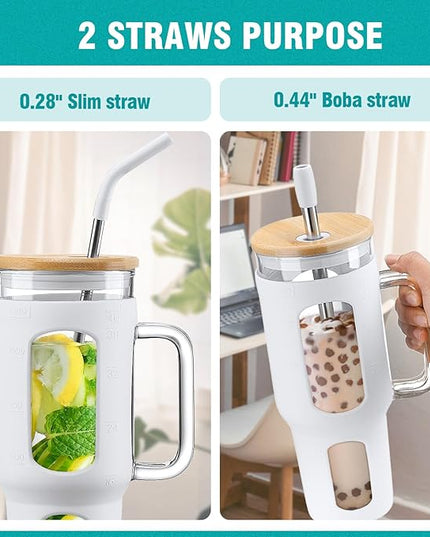 Glass Tumbler with Lid and Straw, 46 oz Iced Coffee Cup with Handle, Large Water Bottles with Silicone Sleeve, Glass Cup with Straws - Pearl Straw & Drinking Straw BPA Free-White