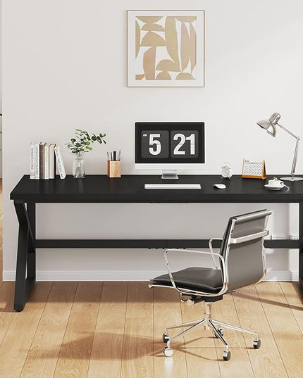 IBF Long Black Computer Desk, Large Executive Office Desk for 2 People Work Writing Study, 70 Inch Industrial Metal Wood Dual Monitor Desk Workstation, Modern Simple Double PC Gaming Table in Bedroom