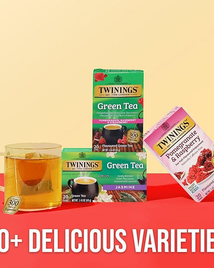 Twinings Green Tea with Pomegranate, Raspberry, & Strawberry Individually Wrapped Bags, 20 Count (Pack of 2), Caffeinated, Enjoy Hot or Iced, 20 Teabags