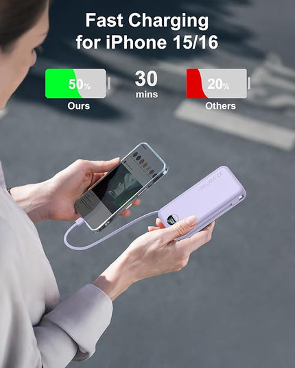 20000mAh Ultra-Portable-Charger-Power-Bank PD20W with Built in Cables&AC Wall Plug,Fast Charging Cell Phone Charger Battery Pack,LED Display Travel Battery Bank for All iPhone,Samsung,Android