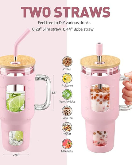 Glass Tumbler with Straw and Lid, 40 oz glass cup with handle, Glass Water Bottles with Time Marker, Silicone Protective Sleeve-Pink