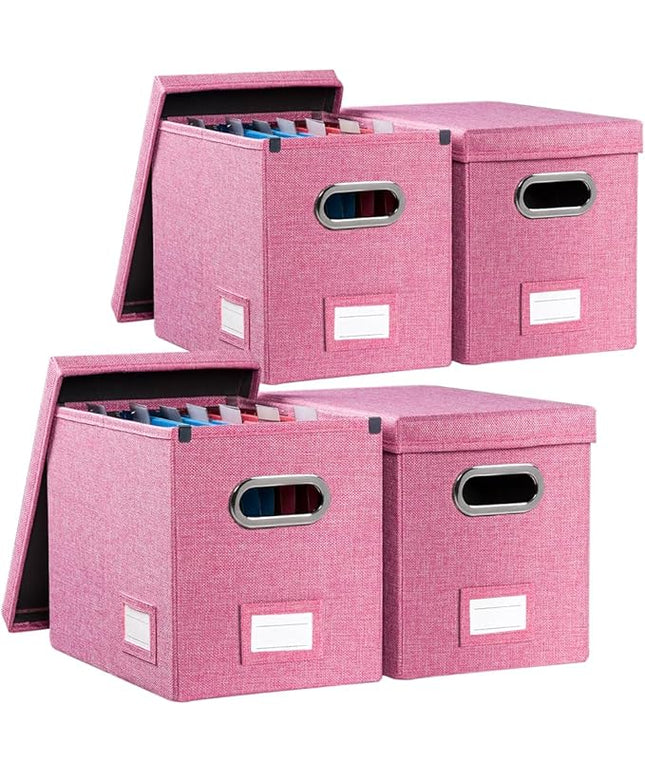 PRANDOM File Organizer Box - Set of 4 Collapsible Decorative Linen Filing Storage Hanging File Folders with Lids Office Cabinet Letter Size Pink (14x9.3x10.8 inch)