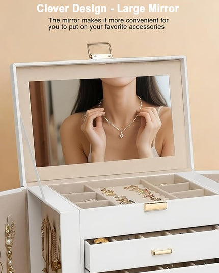 BOOVO Jewelry Box For women, 6 Layer Large Jewelry Organizer With Mirror, Multi-Function Storage Box With Lock, Necklace Holder With 5 Drawers, For Earrings Necklace Bracelet (White and Gold)