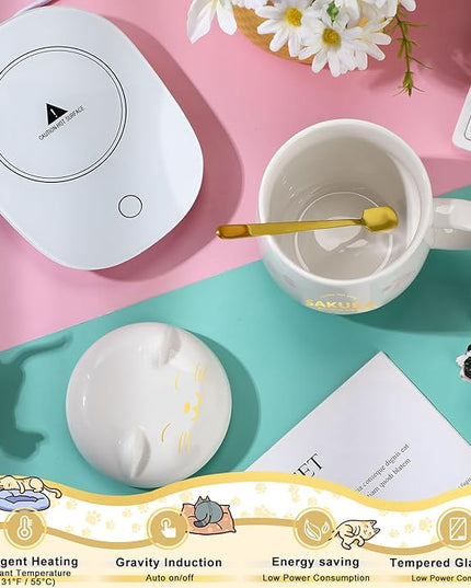 Honeydak Coffee Mug Warmer Cute Cat Mug Set Cup Warmer for Women Heated Coffee Warmers for Mom Home Office Desk Valentine's Day Anniversary Birthday Gifts(Sakura,White)