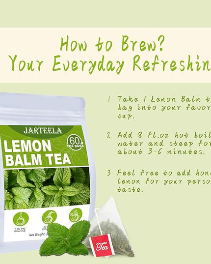 Jarteela Lemon Balm Tea, 1.5g x 60 Count - Natural Melissa Officinalis - Pyramid Herbal Lemon Balm Tea Bags for Digestion - Non-GMO - Caffeine-Free