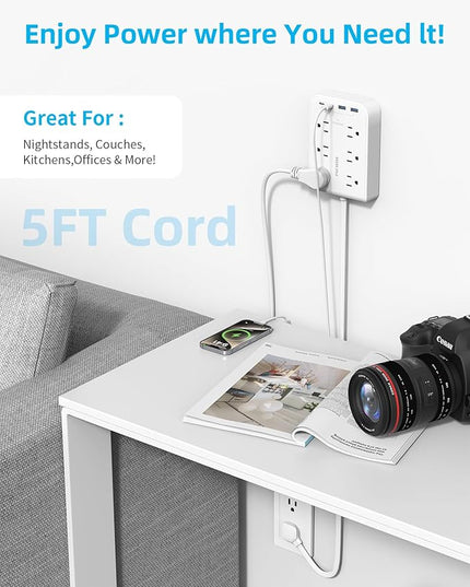 5 FT Flat Plug Extension with 4 USB(2 USB C), 6 AC Outlets Multiple Plug Expander Wall Charger, Ultra Thin Extension Cord, Power Strip Surge Protector for Home Office Kitchen. White