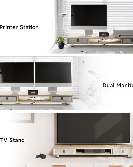 Fenge Monitor Stand, Dual Monitor Stand with 2 Drawers, Monitor Riser for 2 Monitors, Adjustable Height Computer Stand, Office Monitor Stands for Desk, Laptop, PC, TV, Printer