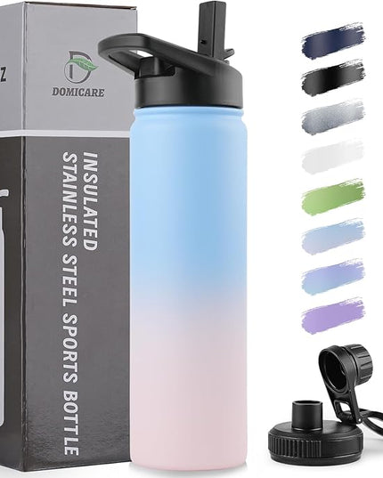 DOMICARE Insulated Water Bottle, 22 oz Vacuum Insulated Stainless Steel Reusable Sports Bottle with Straw Lid & Spout Lid for Travel, Camping, Bike, Leakproof, Blue/Pink, 1 Pack