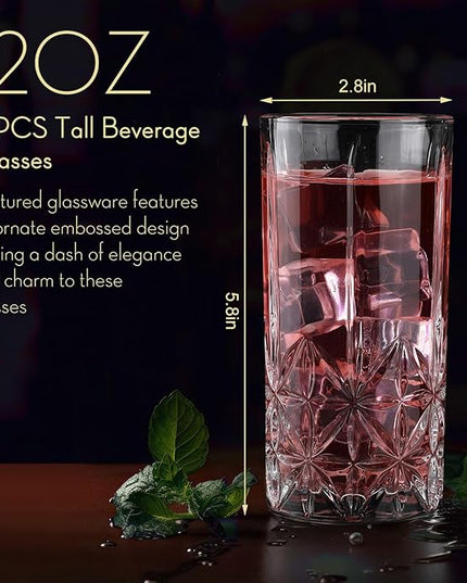Uiifan Set of 12 Tall Highball Glasses 12 oz Crystal Drinking Glasses Clear Fancy Cups Vintage Textured Designer Glassware for Cocktail Tea Water Beer Soda Beverages, Dishwasher Safe(Stylish Style)