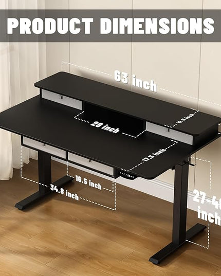 Electric Standing Widened Desk 63 * 30 Inches Adjustable Height with 4 Drawers, Double Storage Shelves Stand Up Desk, Home Office Workstation Sit Stand up Desk (Classical Black)