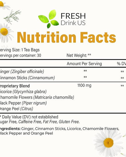 FreshDrinkUS, Premium 30 Tea Bags Immune Support Herbal Tea, Ginger, Cinnamon, Chamomile, Licorice Root, Black Pepper and Orange Peel – 100% Natural, Caffeine-Free, Vegan
