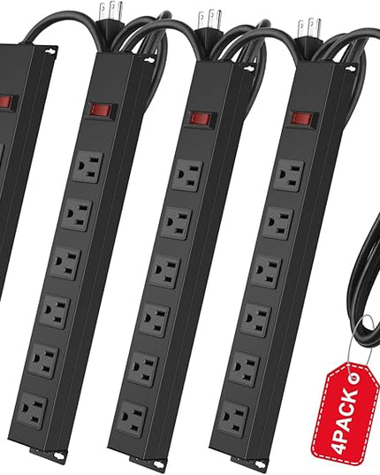 4Pack Metal Wall Mount Power Strip, Mountable Power Outlet with 6 AC Outlets, Aluminum Alloy Mount Power Socket with Switch, 6 FT SJT 3/C 14AWG Power Cord, 15A 125V 1875W (6AC)