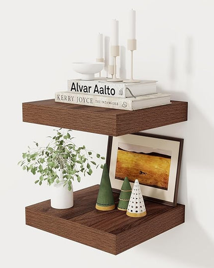Fun Memories 12 Inch Floating Shelf, Rustic Wood Wall Shelves for Wall Decor & Storage, 12 x 12 Floating Shelf for Living Room, Bathroom, Bedroom, Walnut, Set of 2