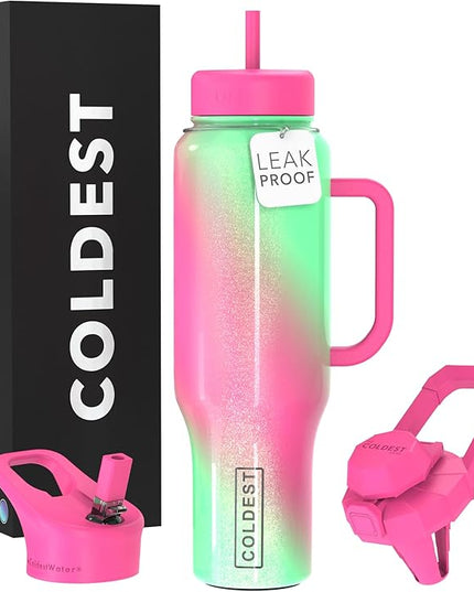 Coldest Tumbler with Handle and Straw, 100% Spill Proof Tumbler with Straw (3 Lids), Stainless Steel Insulated Leakproof Tumblers for Women Men, Cup Holder Friendly, 46 oz (Coldie Dream)