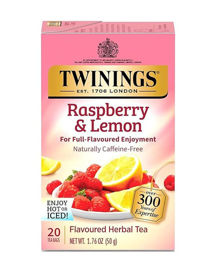 Twinings Raspberry & Lemon Herbal Tea Individually Wrapped Bags, 20 Count (Pack of 1), Unsweetened, Refreshing & Fruity, Naturally Caffeine-Free, Enjoy Hot or Iced, 20 Teabags