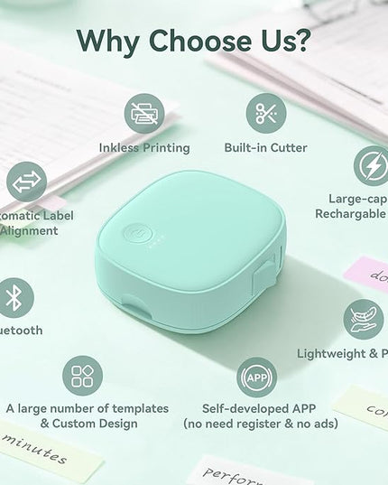 Mini Label Maker Machine with Tape AH-P05, Portable Bluetooth Mini Label Printer, Wireless Thermal Label Maker, Waterproof & Rechargeable, Built-in Cutter, for Home, Office, Kitchen – Green
