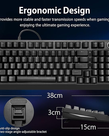 HUO JI Mechanical Gaming Keyboard Wired, 17 LED Backlit Modes, Liner Red Switch, Volume Knob, Anti-Ghosting, Double-Shot Shine Through Keycaps, 96% Light Up Keyboard for PC Mac