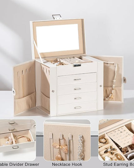 Frebeauty 5-layer Jewelry Box,Faux Leather Jewelry Organizer with 4 Drawers,Jewelry Organizers and Storage with Mirror,Jewelry Holder Organizer for Necklace,Jewerly Boxes for Women Girls(Grey)