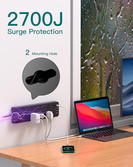 Addtam 15FT Long Power Strip, Surge Protector with 10 Outlets and 4 USB Ports, Extension Cord with Flat Plug, 2700 Joules, ETL Listed, Black