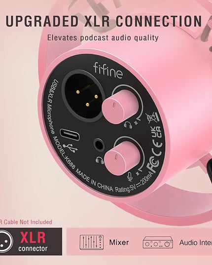 FIFINE XLR/USB Dynamic Microphone, Studio XLR Vocal Podcast Microphone for Recording, USB Streaming Mic with Mute Button, Gain Knob, Headphones Monitoring for Voice-Over, Video-Amplitank K688 Pink